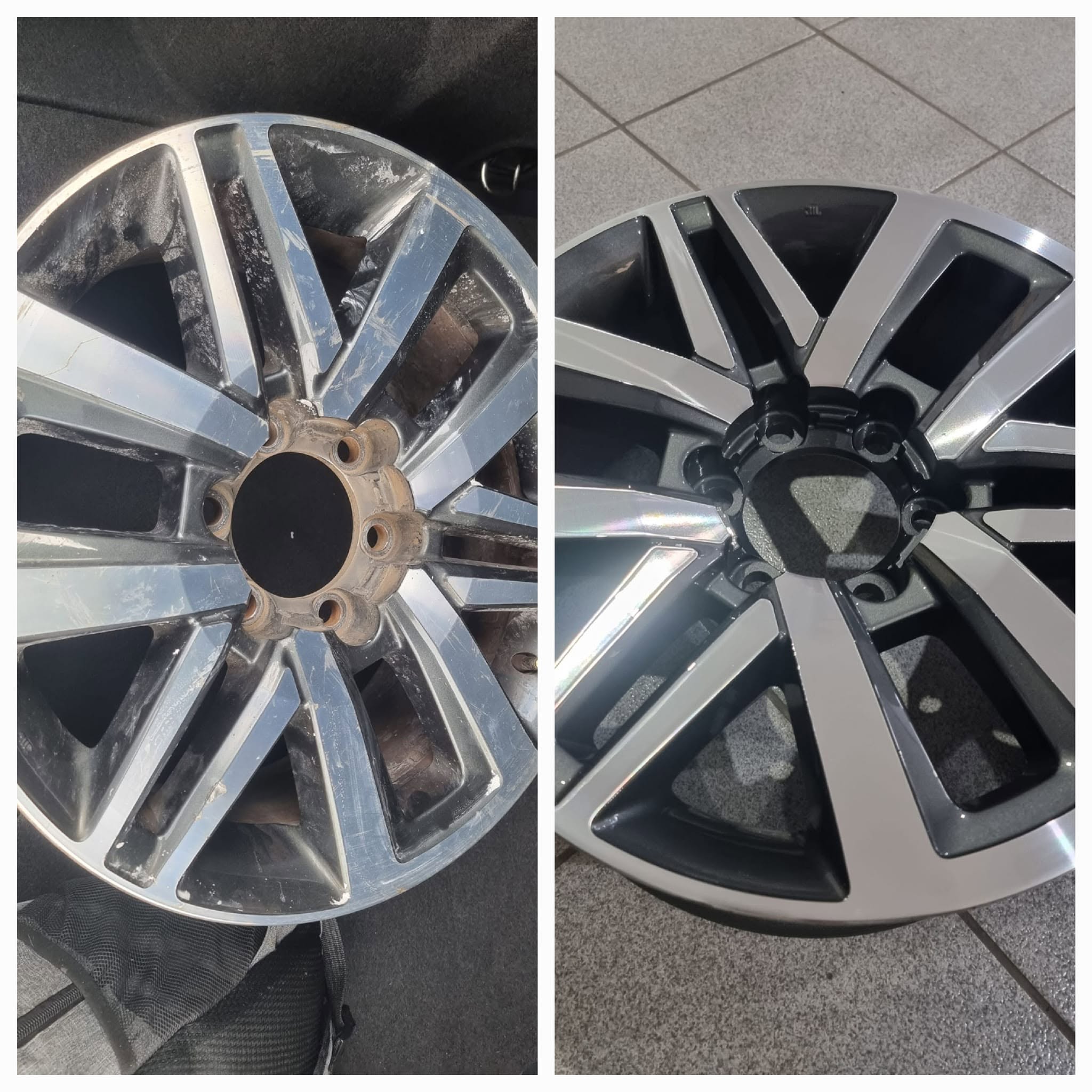 Before and after rim finish comparison